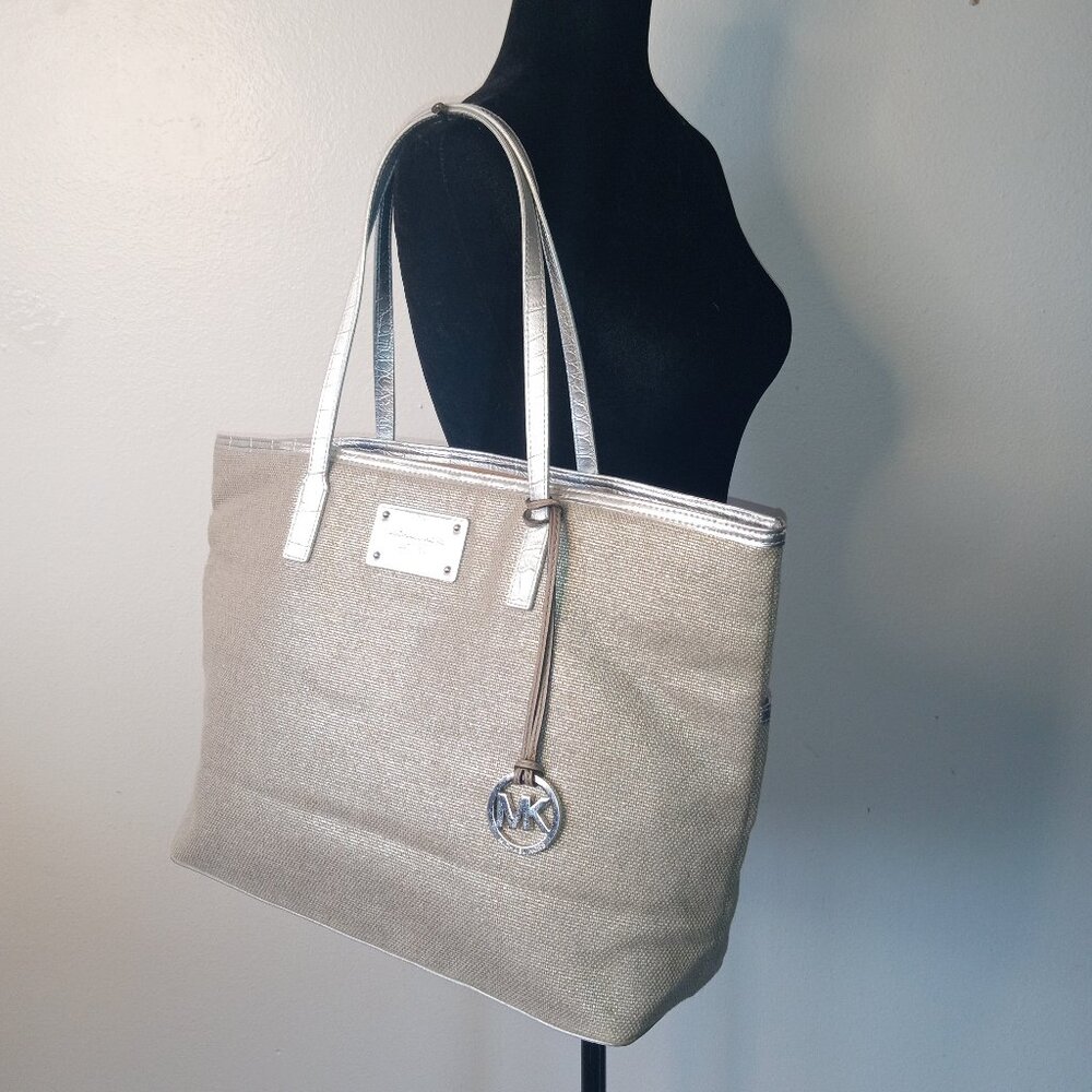 MICHAEL KORS "Wonderlust" Tote Champagne Tweed & Silver Reptile Embossed Leather